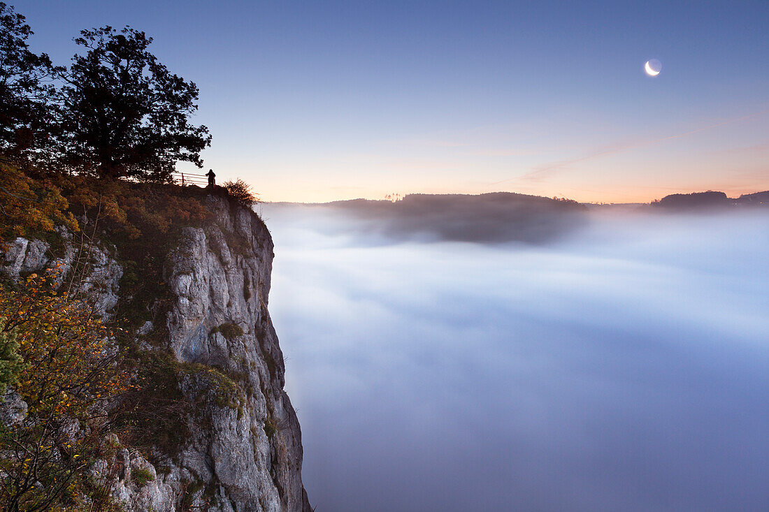 Eichsfelsen, mist in the valley of the Danube river, Upper Danube Nature Park, Baden-Wuerttemberg, Germany