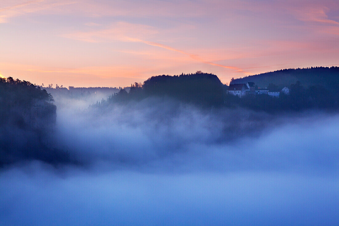 Blick zur Burg Wildenstein, Nebel im Tal der Donau, Naturpark Oberes Donautal, Schwäbische Alb, Baden-Württemberg, Deutschland