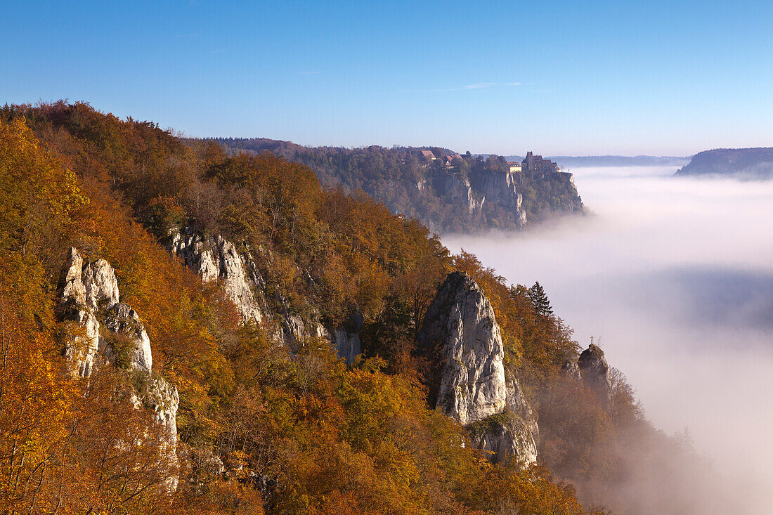 Nebel im Tal der Donau, Blick zum Schloss Werenwag, Naturpark Oberes Donautal, Schwäbische Alb, Baden-Württemberg, Deutschland