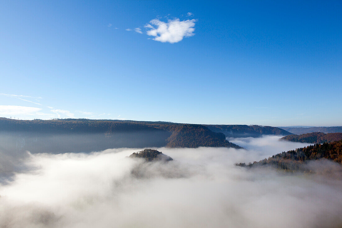 Mist in the valley of the Danube river, Upper Danube Nature Park, Baden-Wuerttemberg, Germany