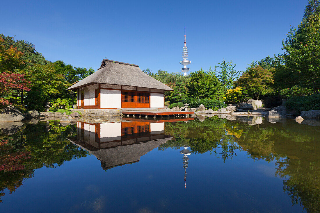 Teahouse in the japanese garden, television tower in the background, Planten un Blomen, Hamburg, Germany