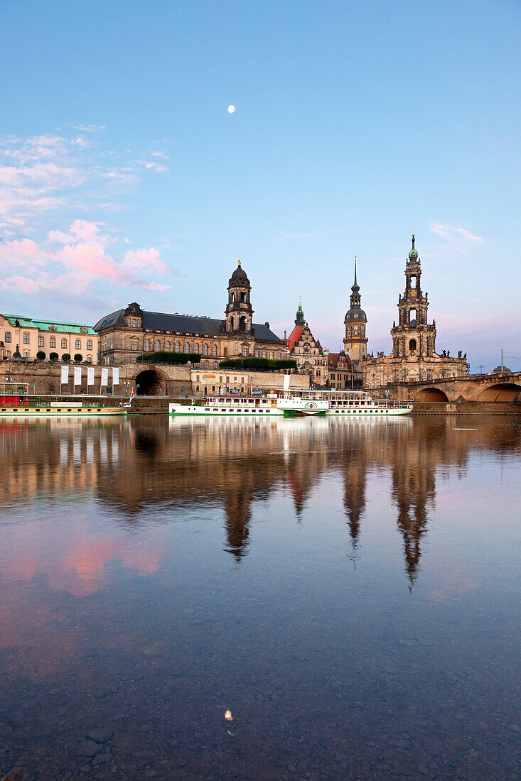 Morning mood, moon reflecting in the river Elbe, Staendehaus, Residenzschloss, Hofkirche, Dresden Saxony, Germany