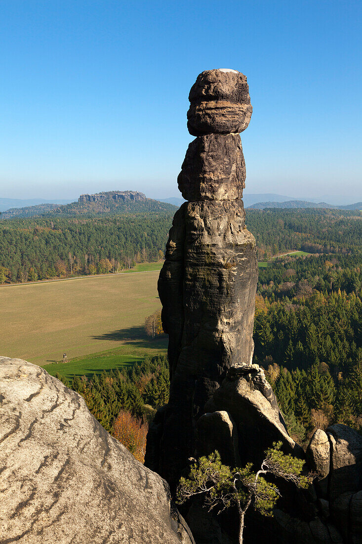 Rock needle Barbarine, at Pfaffenstein Rock Papststein in the background, National Park Saxon Switzerland, Elbe Sandstone Mountains, Saxony, Germany