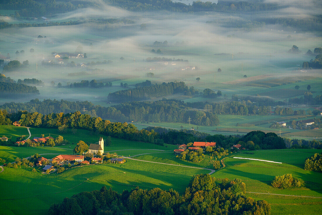 View from Hochries to Samerberg with Steinkirchen, Hochries, Chiemgauer Alps, Chiemgau, Upper Bavaria, Bavaria, Germany