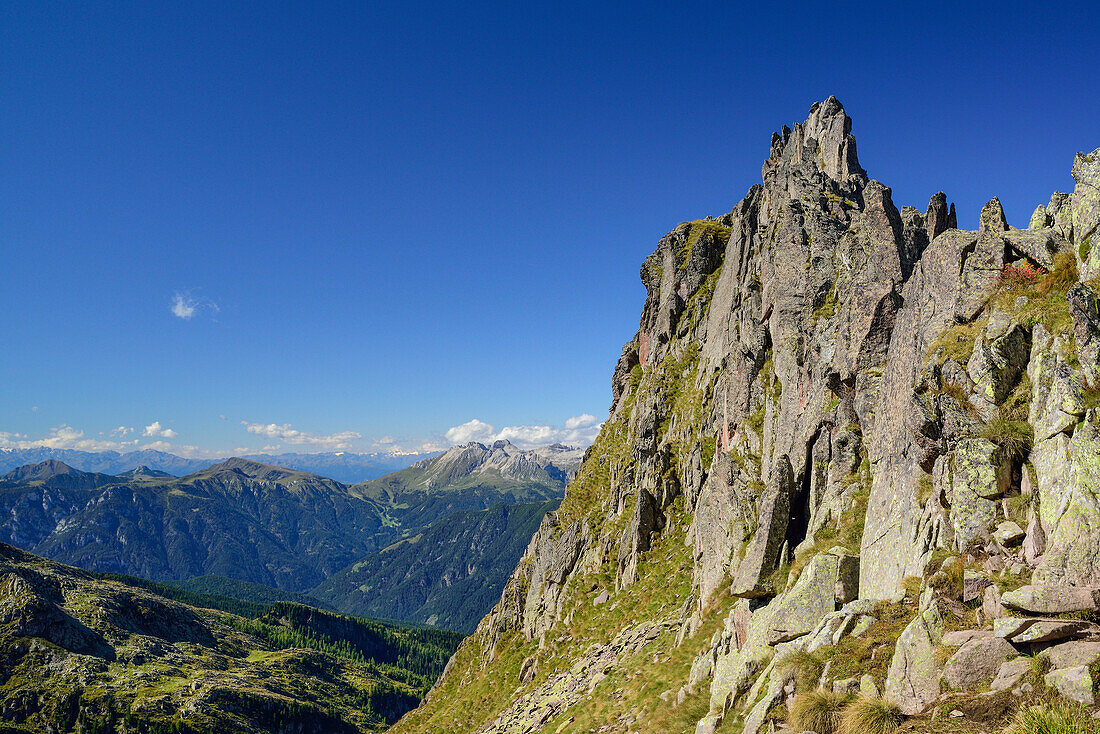 Felsformation in der Lagorai mit Latemar-Gruppe im Hintergrund, Trans-Lagorai, Lagorai-Höhenweg, Lagorai, Dolomiten, UNESCO Welterbe Dolomiten, Trentino, Italien