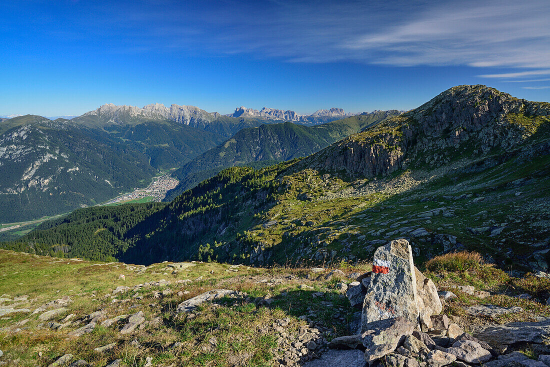 Blick auf Latemargruppe, Rosengarten, Langkofel und Talkessel von Predazzo, Trans-Lagorai, Lagorai-Höhenweg, Lagorai, Dolomiten, UNESCO Welterbe Dolomiten, Trentino, Italien