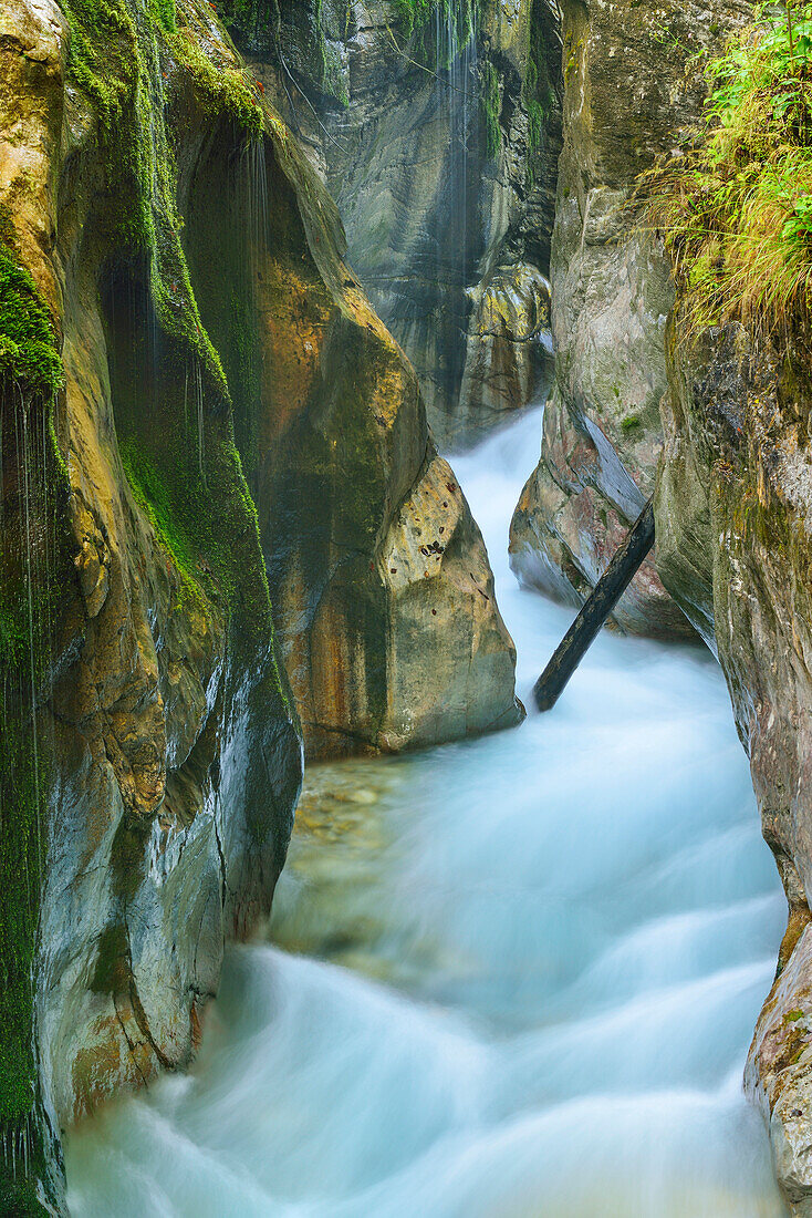 Bach fließt durch enge Klamm, Wimbachklamm, Nationalpark Berchtesgaden, Berchtesgaden, Berchtesgadener Alpen, Oberbayern, Bayern, Deutschland