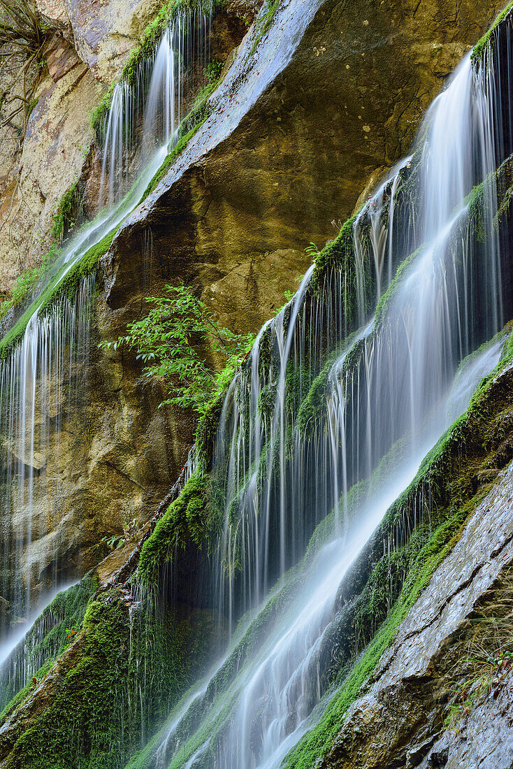 Wasserfall fließt über Felsstufen, Wimbachklamm, Nationalpark Berchtesgaden, Berchtesgaden, Berchtesgadener Alpen, Oberbayern, Bayern, Deutschland