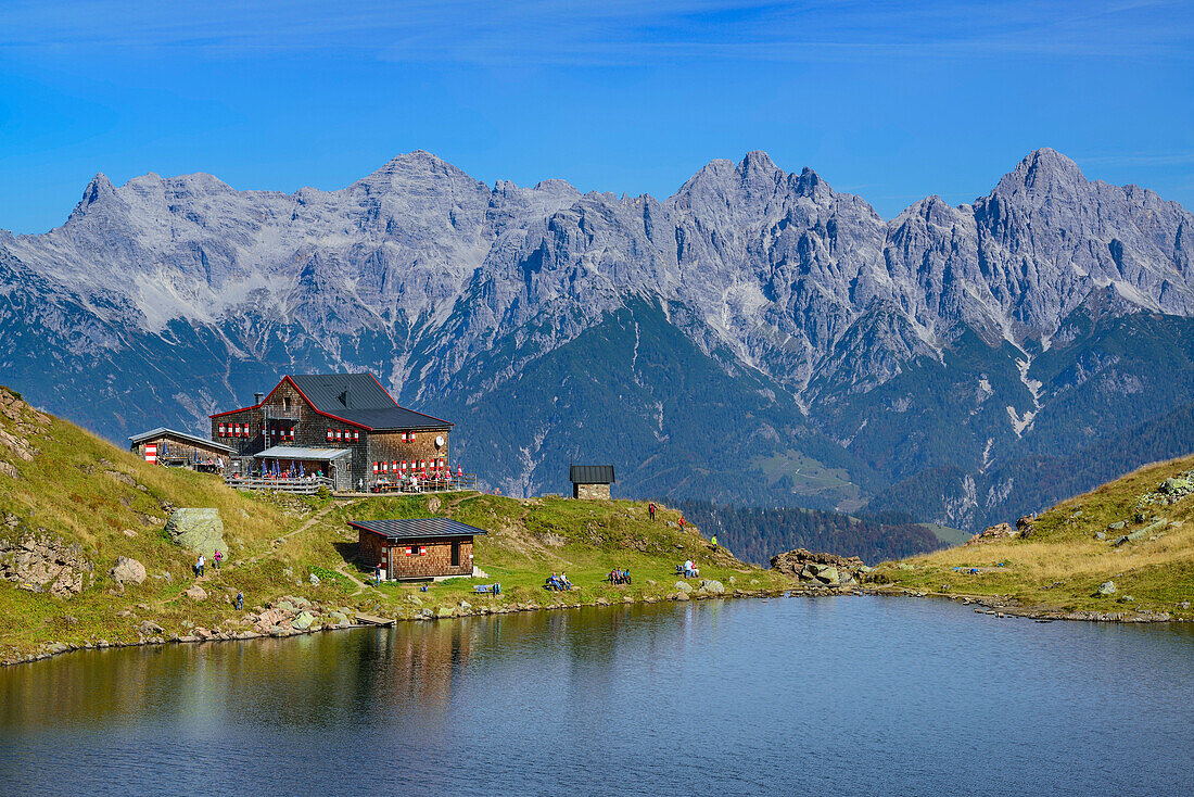 Hut Wildseeloderhaus, lake Wildsee and Loferer Steinberge range, lake Wildsee, Kitzbuehel range, Tyrol, Austria