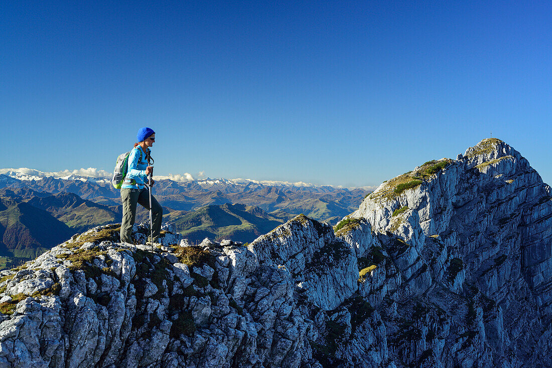 Woman hiking on ridge with Grossvenediger in background, Nurracher Hoehenweg, Ulrichshorn, Loferer Steinberge range, Tyrol, Austria