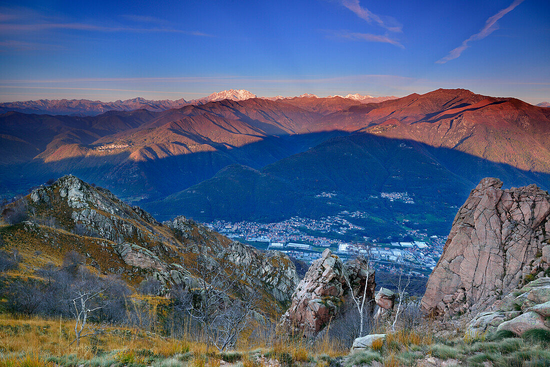 View from rock climbing area on Mottarone to Monte Rosa in Valais, Piedmont, Italy