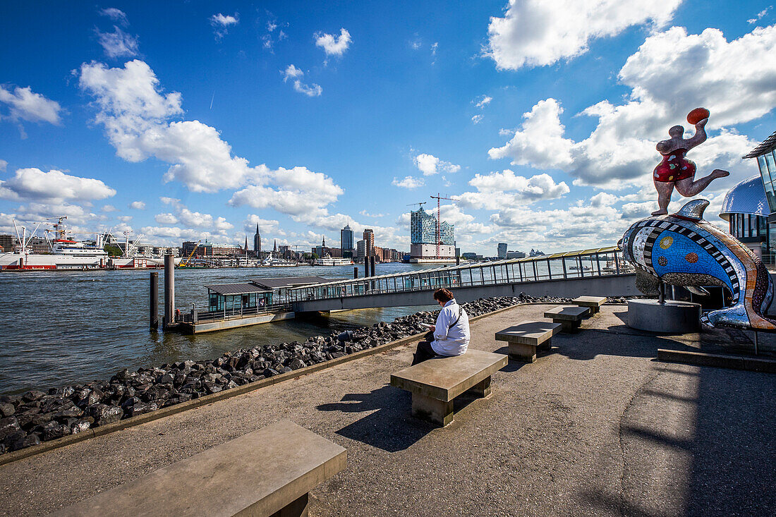 Blick über die Elbe auf Elbphilharmonie und Kehrwiederspitze, Hamburg, Deutschland