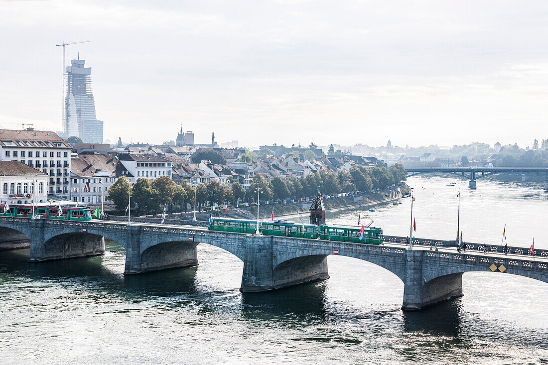 Tram passing Mittlerer Bruecke, Basel, Basel-Stadt, Switzerland