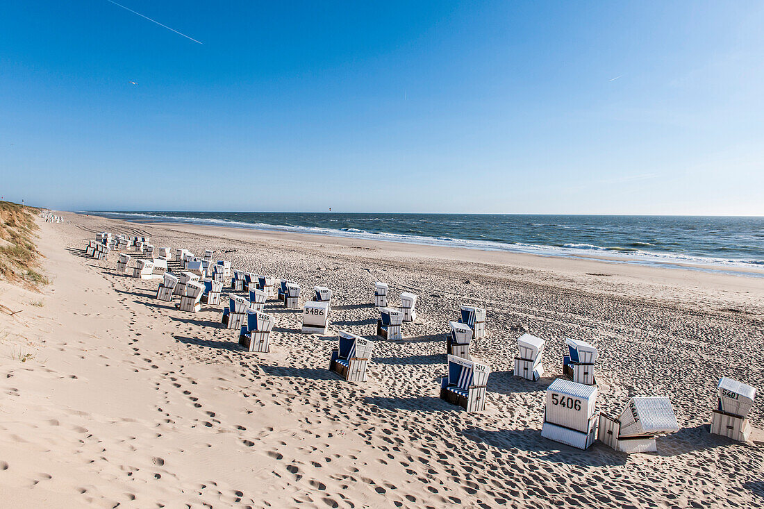 Roofed wicker beach charis at beach, Kampen, Sylt, Schleswig-Holstein, Germany
