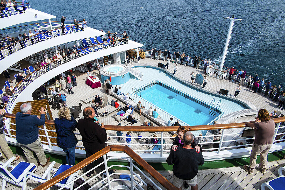 Passengers on the lido deck of the mv 'Oriana'.