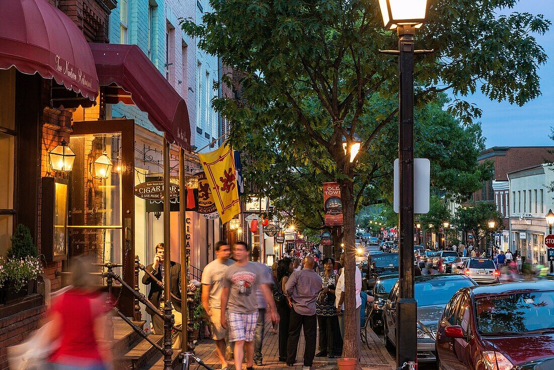 Busy shops along King Street in Old Town Alexandria, Virginia, USA.
