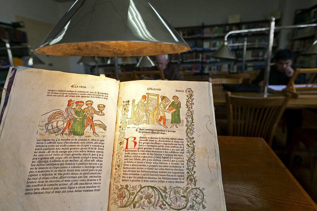 Incunable book. Fabulas de Esopo, fable Esopo. Biblioteca del Seminario, Seminary Lilbrary, Pamplona. Navarre. Spain.