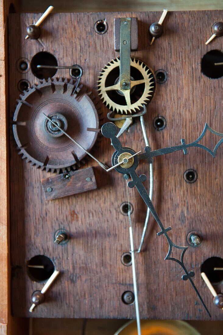Inner workings of a clock, gears and springs.
