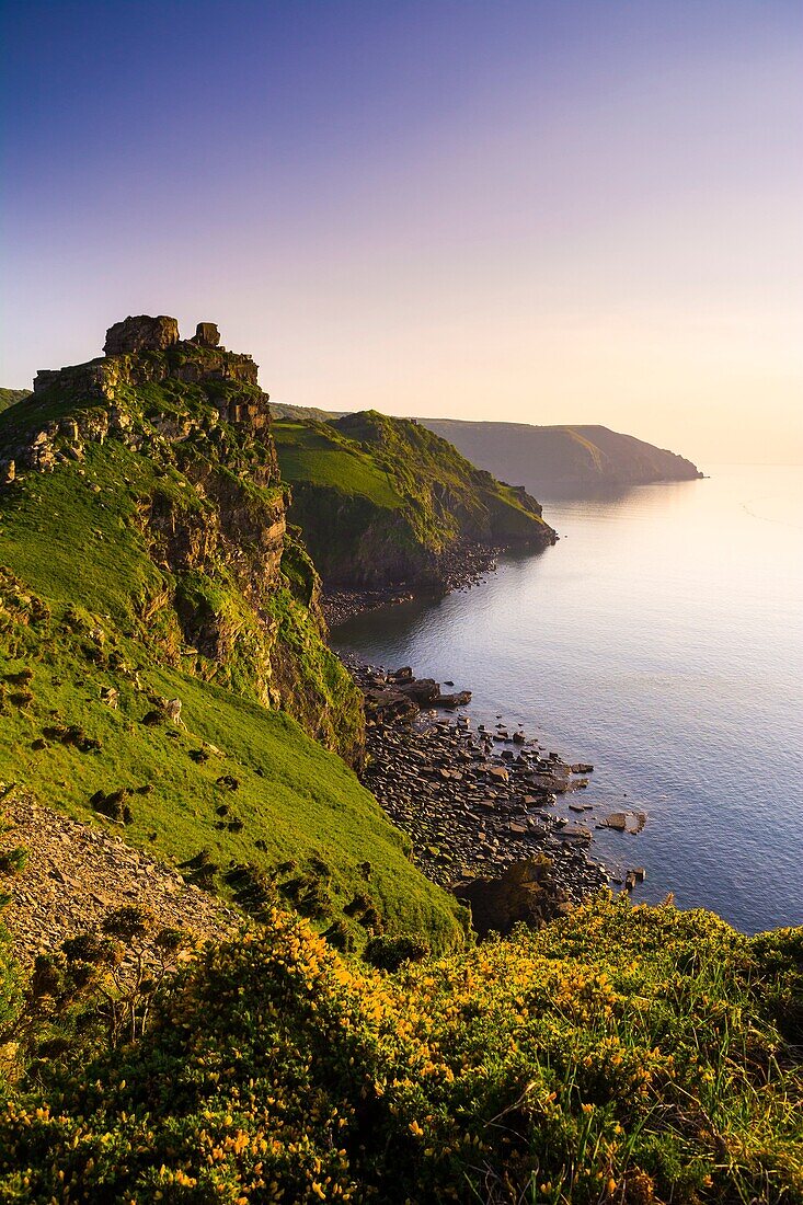 Valley of the Rocks and Wringcliff Bay at sunset in Exmoor National Park near Lynton, Devon, England.