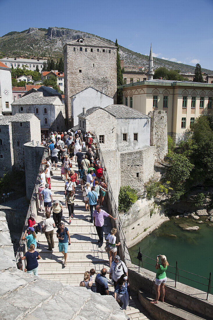 helabija tower and the old bridge, mostar, bosnia and herzegovina, europe.