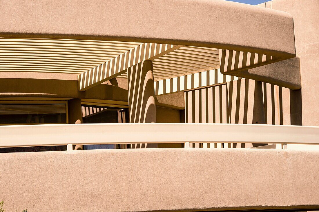 Shadow patterns and desert architectural detail of a modern building at Saguaro National Park.