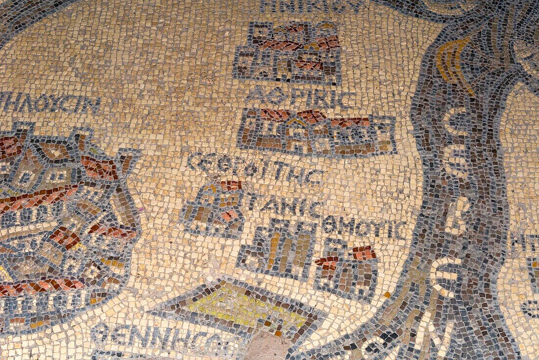 Mosaics, Palestinian Map, St.George Orthodox Cristian Church, Madaba, Jordan, Middle East.