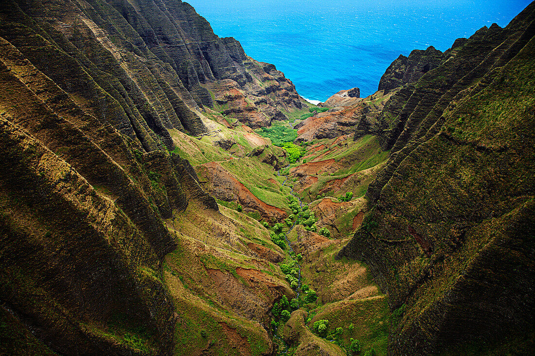 Hawaii, Kauai, Na Pali Coast State Park, Overlooking Awa'awapuhi Valley, Aerial View.