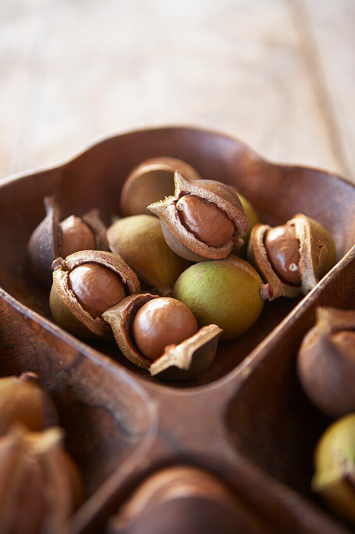 Hawaii, Oahu, Macadamia Nuts In A Beautiful Wooden Platter.
