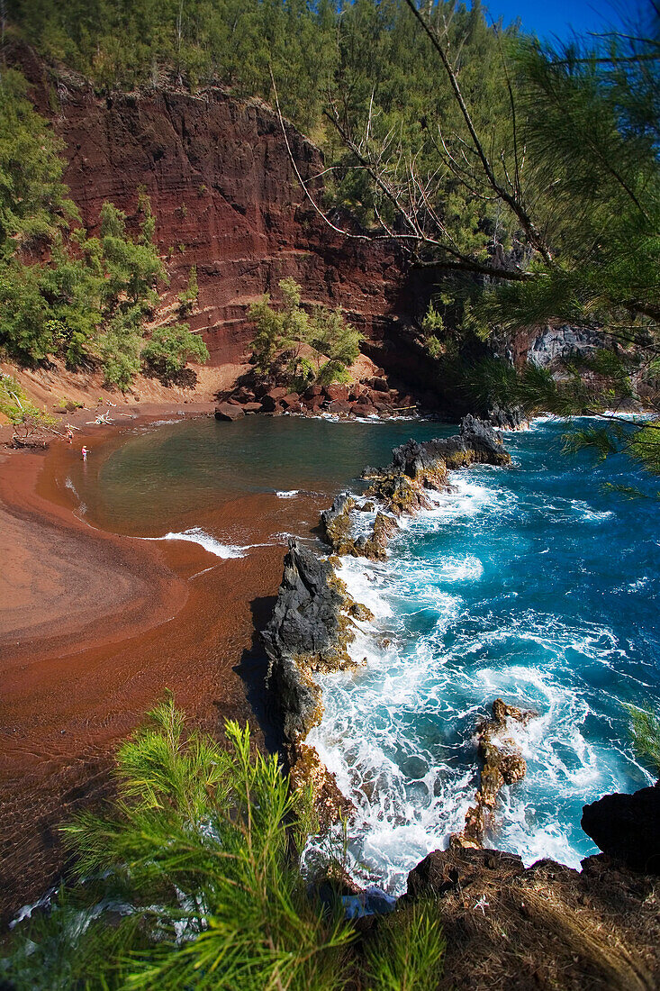 Hawaii, Maui, Hana, Kaihalulu Beach, Scenic Shot Of Hana's Red Sand Beach.