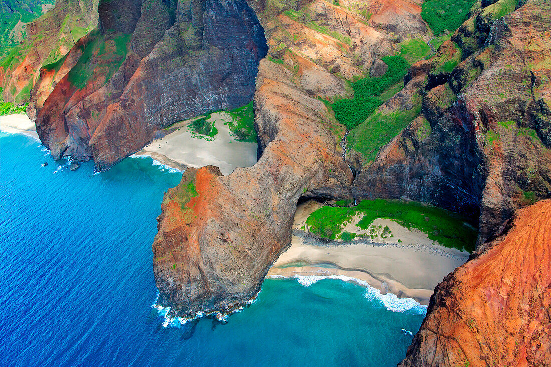 Hawaii, Kauai, Na Pali Coast, Aerial Of Coastal Cliffs And Honopu Beach (Or Cathedral Beach).