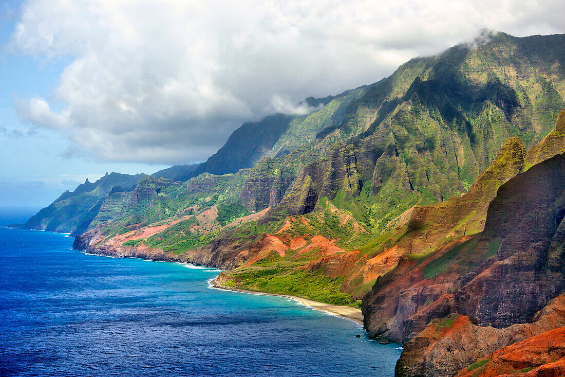 Hawaii, Kauai, Na Pali Coast, Aerial Of Coastal Cliffs And Kalalau Beach.