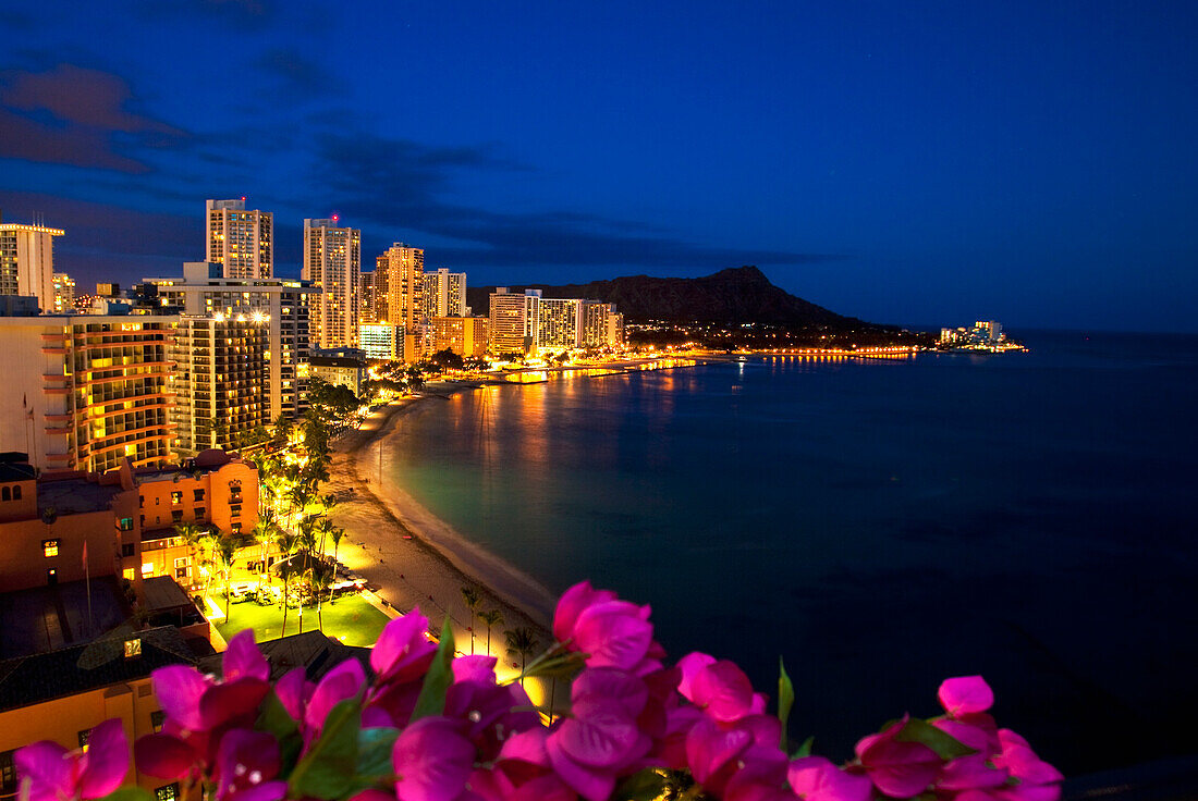 Hawaii, Oahu, Nighttime View Of Waikik With Flowers In Foreground.