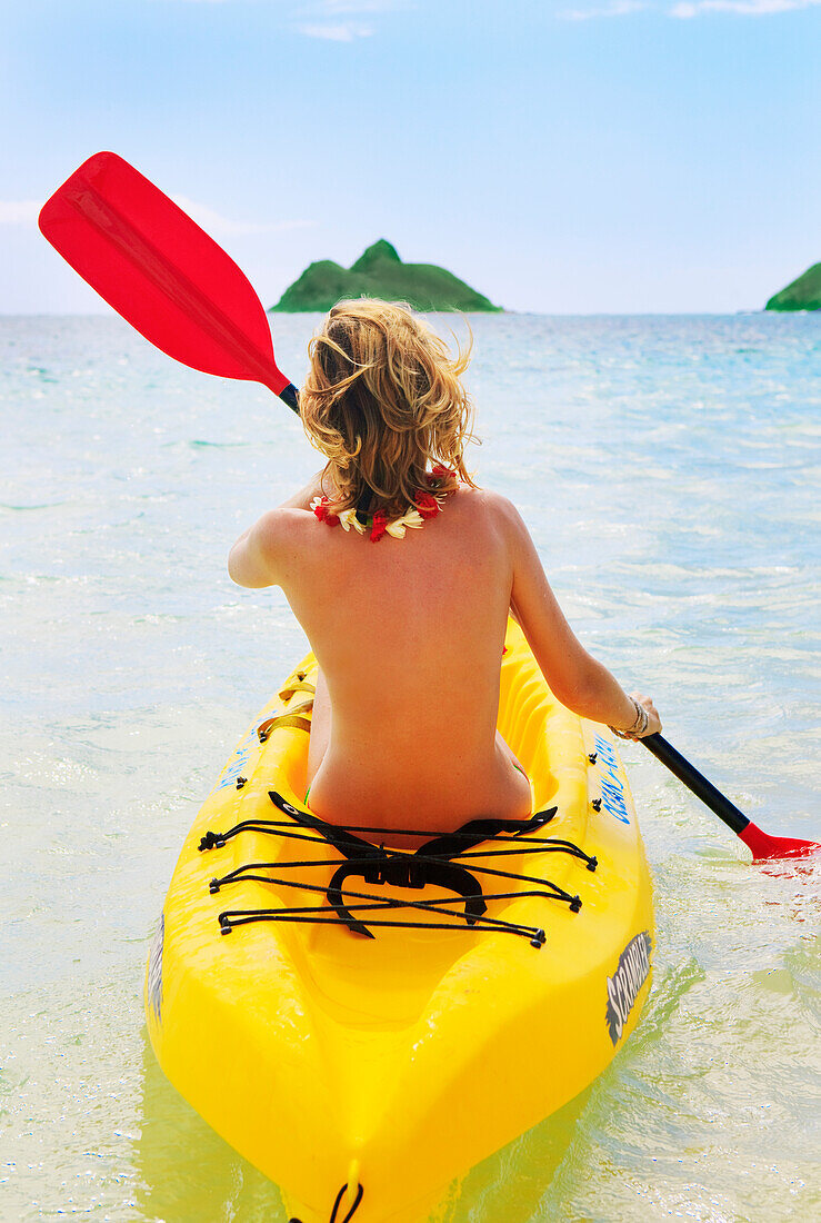 Hawaii, Oahu, Lanikai =, Female Kayaker Enjoying A Day On The Water.