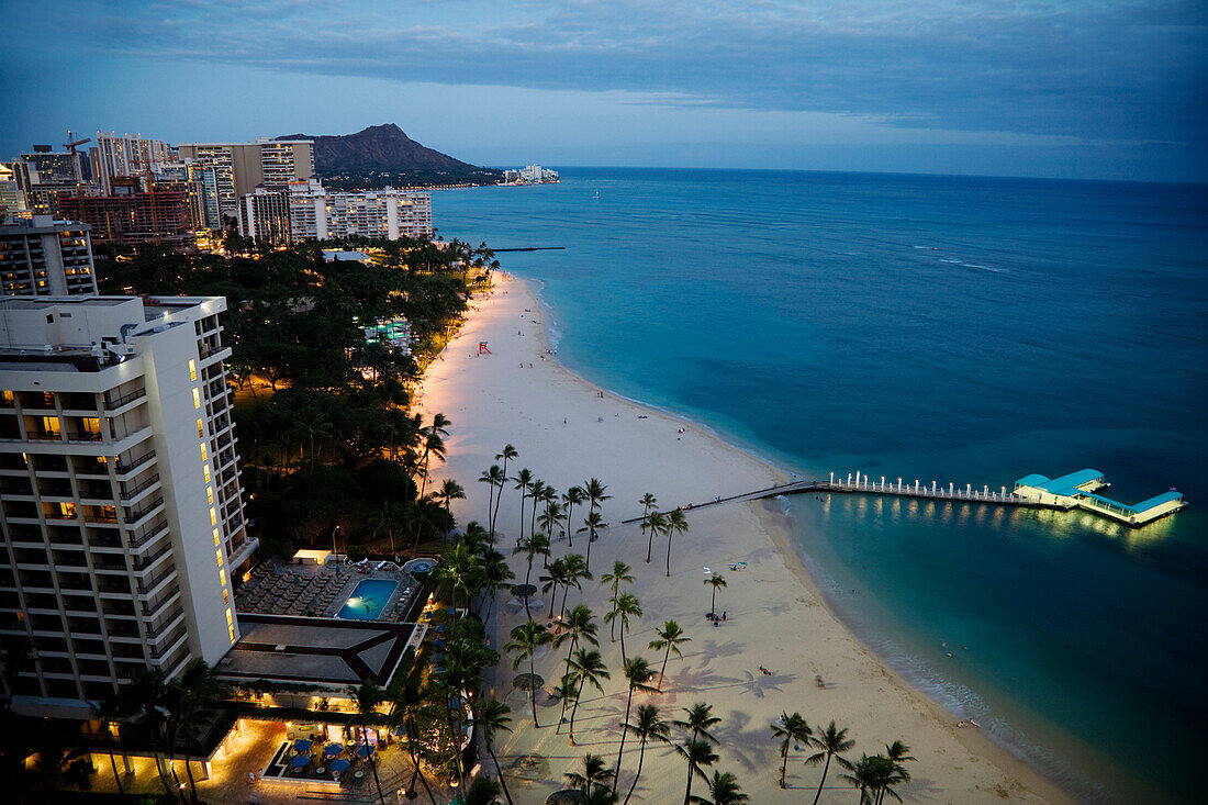 Hawaii, Oahu, Waikiki Beach And Diamond Head In The Evening.