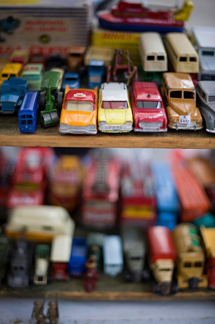 'Vintage toy cars on display; Notting Hill, London, England'