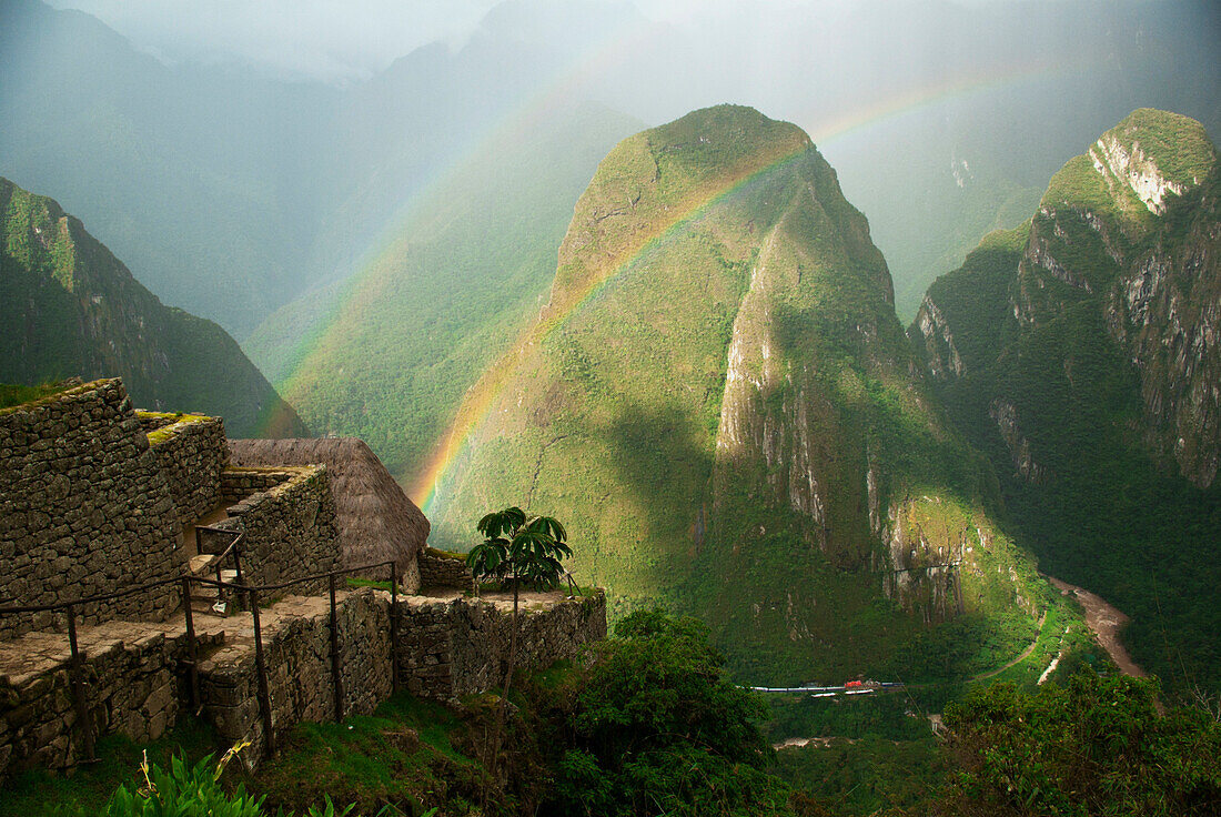 Mountain And Train Below Along Urubamba (Vilcanota) River, Machu Picchu, Peru