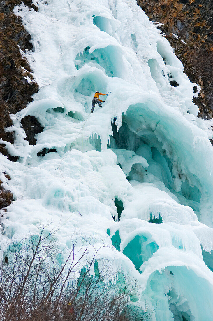 Ice Climbing On *Hung Jury* Frozen Waterfall Near Valdez Alaska Winter Southcentral