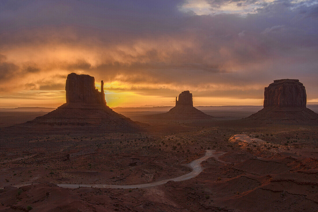 dramatic sunrise at Monument Valley, Arizona-Utah border.