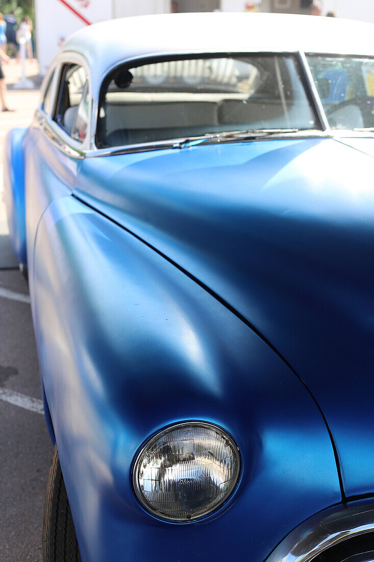 A 1942 Ford coupe automobile car with a custom blue paint job