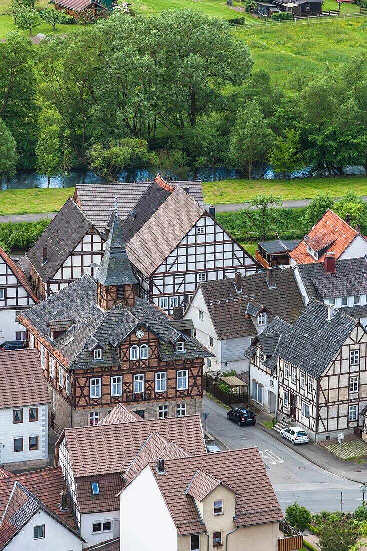 Aerial view of Helmarhausen, a suburb of Bad Karlshafen, Hesse, Germany, Europe