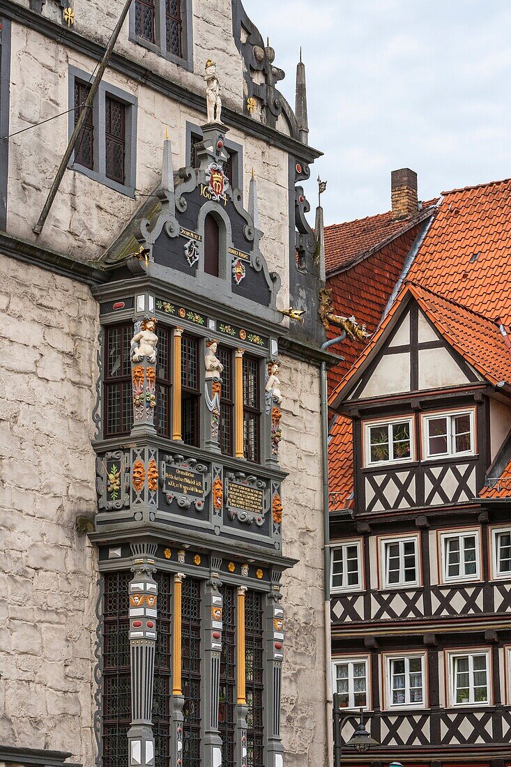Detail of the city hall and timbered house in Hannoversch Muenden on the German Fairy Tale Route, Lower Saxony, Germany, Europe