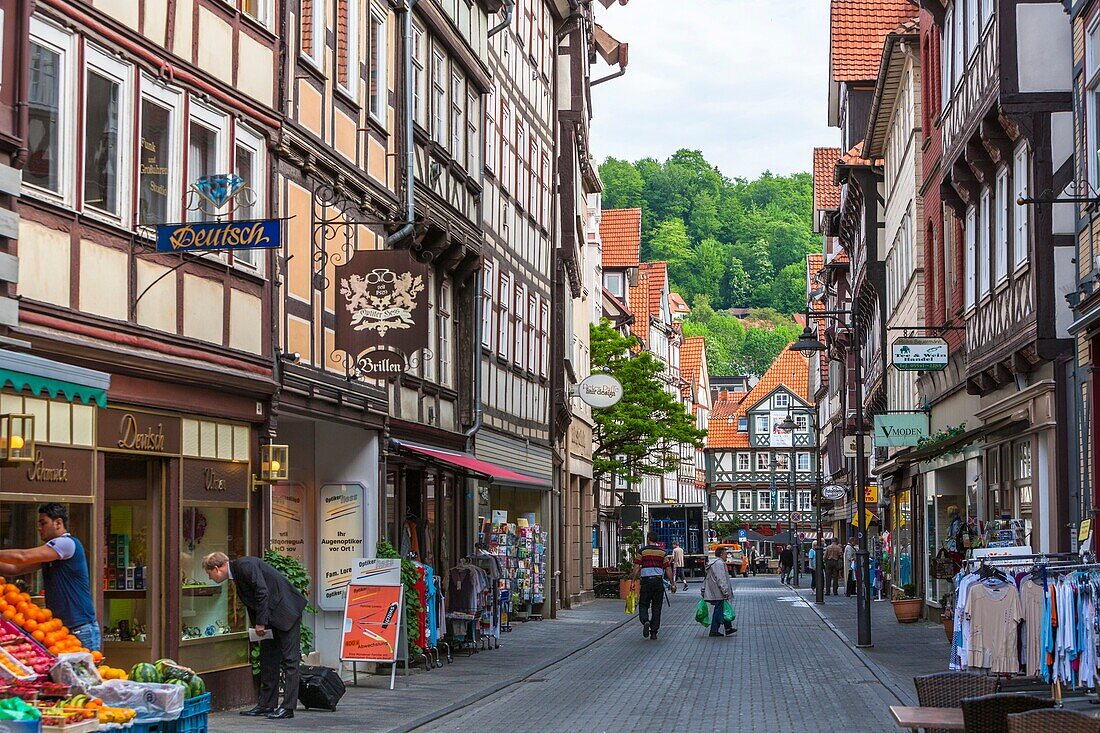 Row of timbered houses in Hannoversch Muenden on the German Fairy Tale Route, Lower Saxony, Germany, Europe