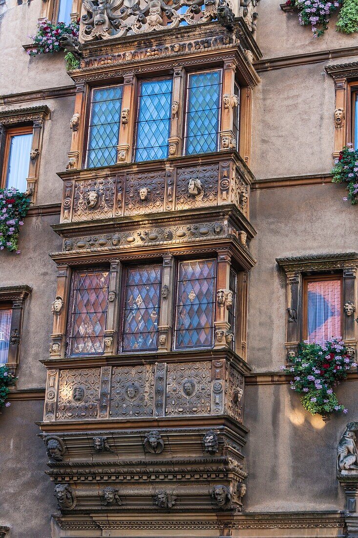 Detail of the 17th century Maison des Têtes in Colmar, Alsace, France, Europe