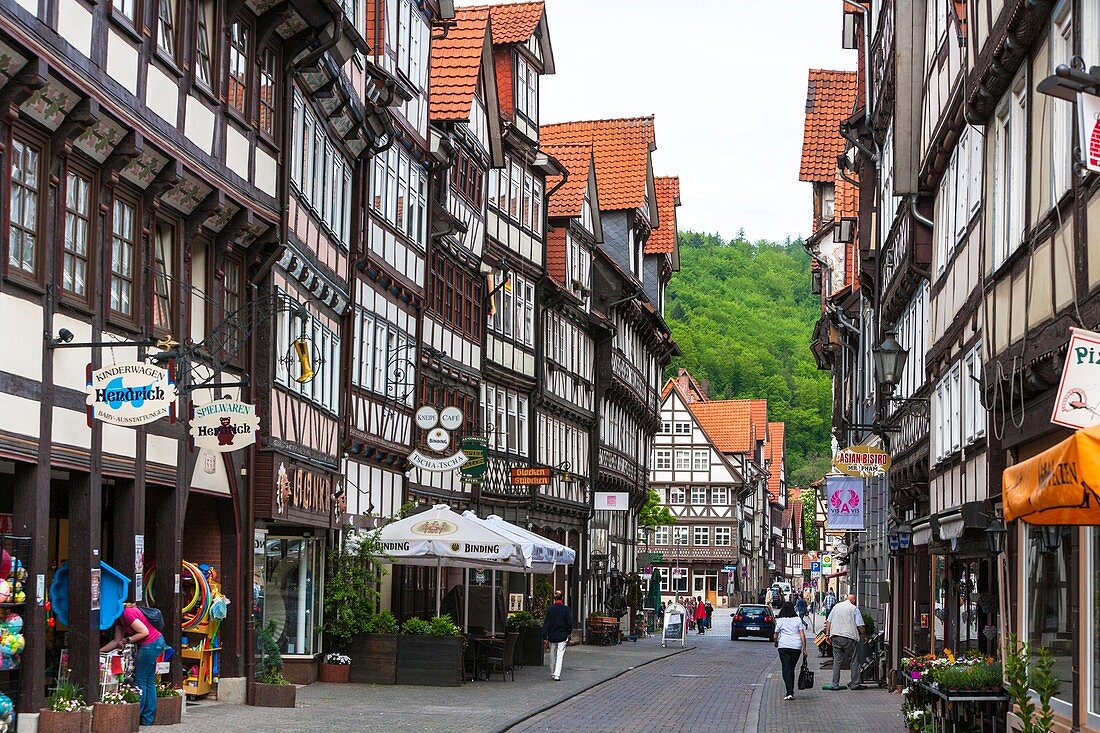 Row of timbered houses in Hannoversch Muenden on the German Fairy Tale Route, Lower Saxony, Germany, Europe