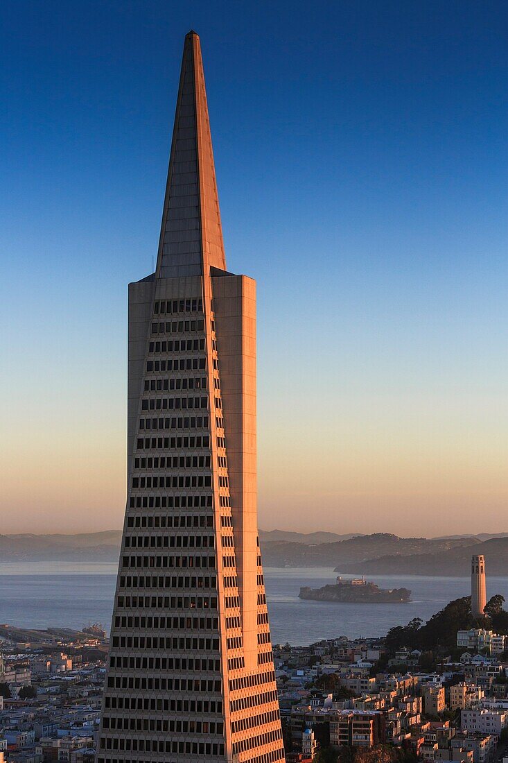 Transamerica Pyramid, Coit Tower and Alcatraz at sunrise, San Francisco, California, USA