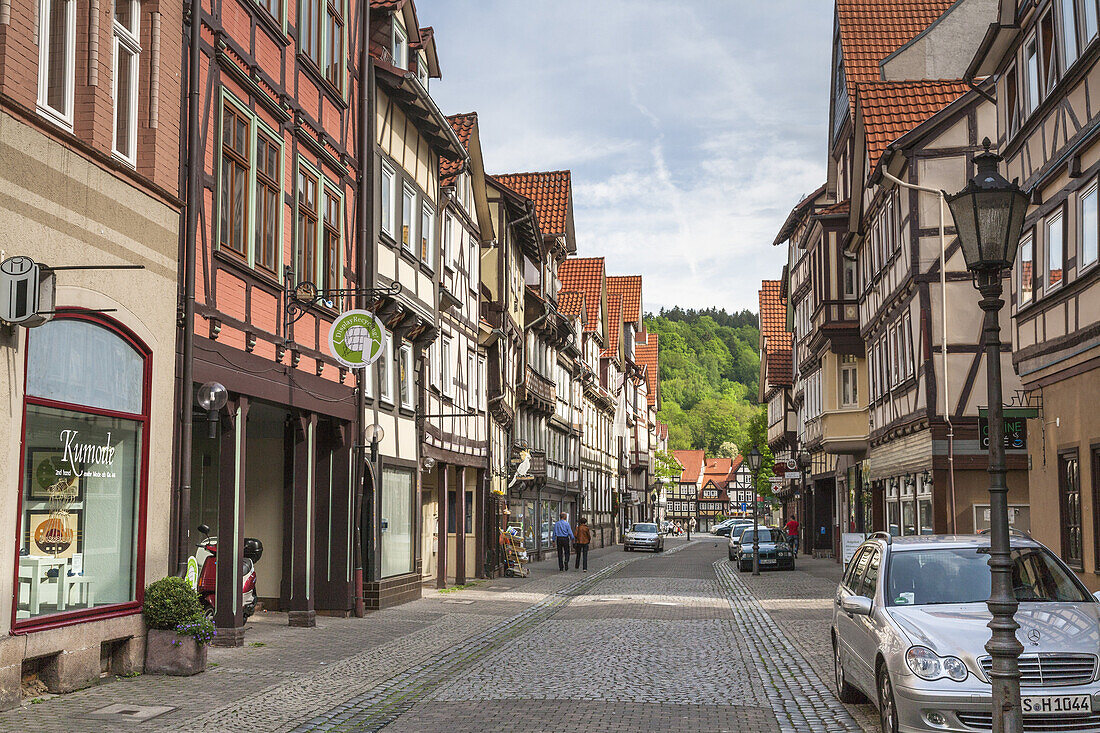 Row of timbered houses in Hannoversch Muenden on the German Fairy Tale Route, Lower Saxony, Germany, Europe