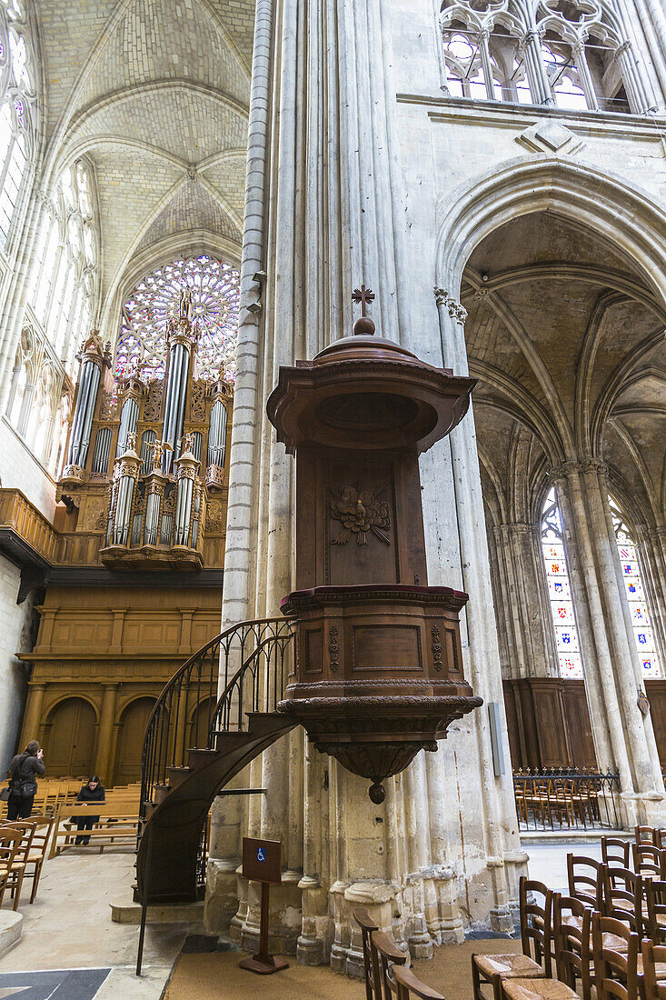 Pulpit and organ in the impressive Saint Gatien´s Cathedral in Tours, Indre-et-Loire, France, Europe