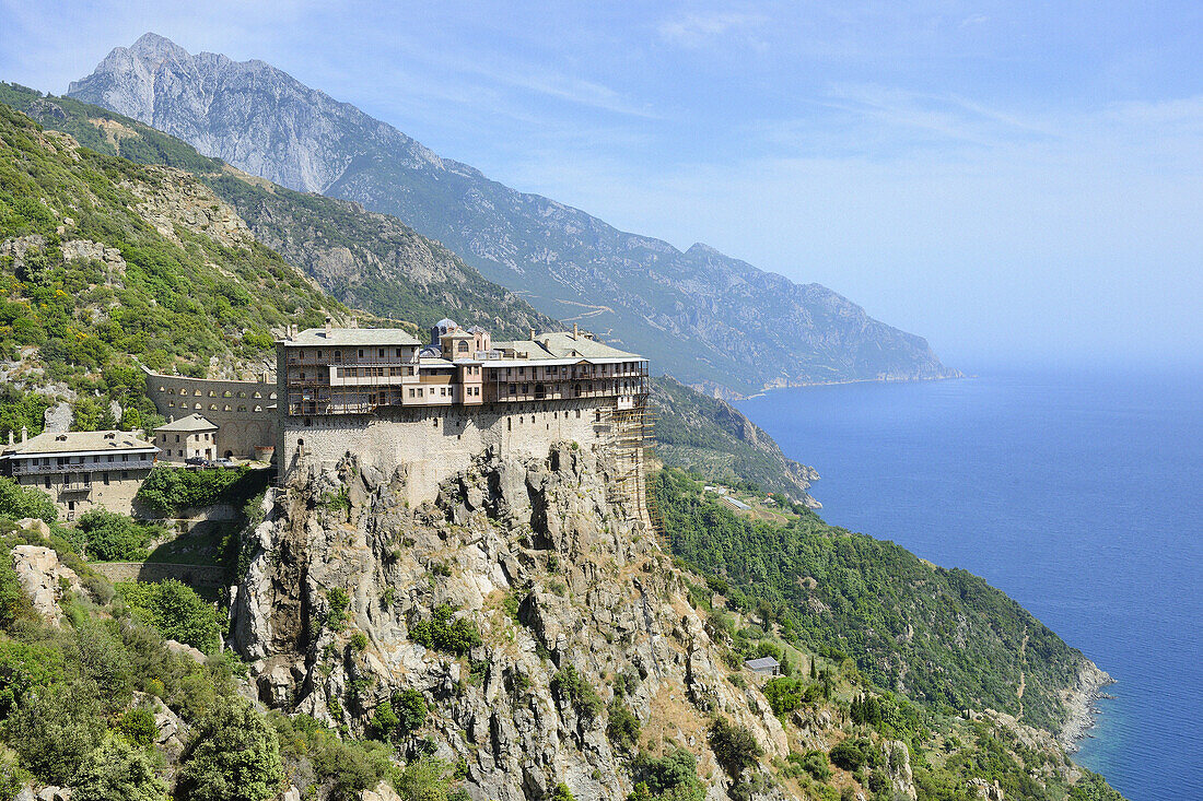Greece, Chalkidiki, Mount Athos peninsula, listed as World Heritage, Simonos Petra monastery and Mount Athos (2033 m).