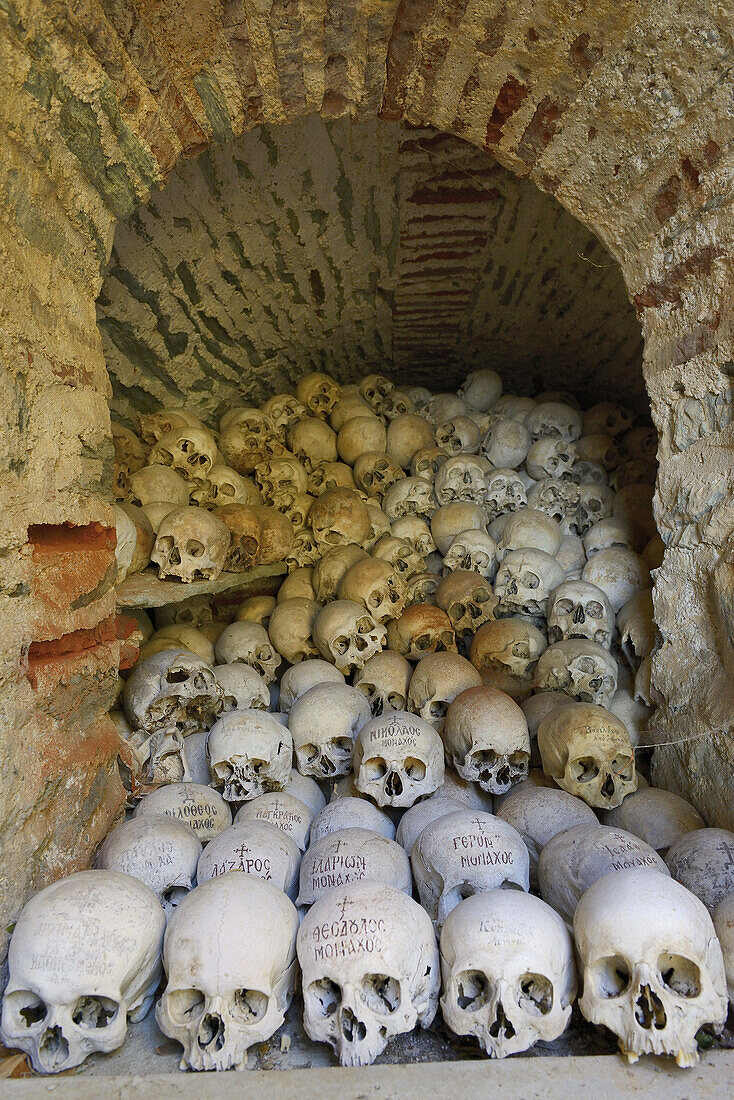 Greece, Chalkidiki, Mount Athos peninsula, World Heritage Site, Dionysiou monastery, The ossuary.