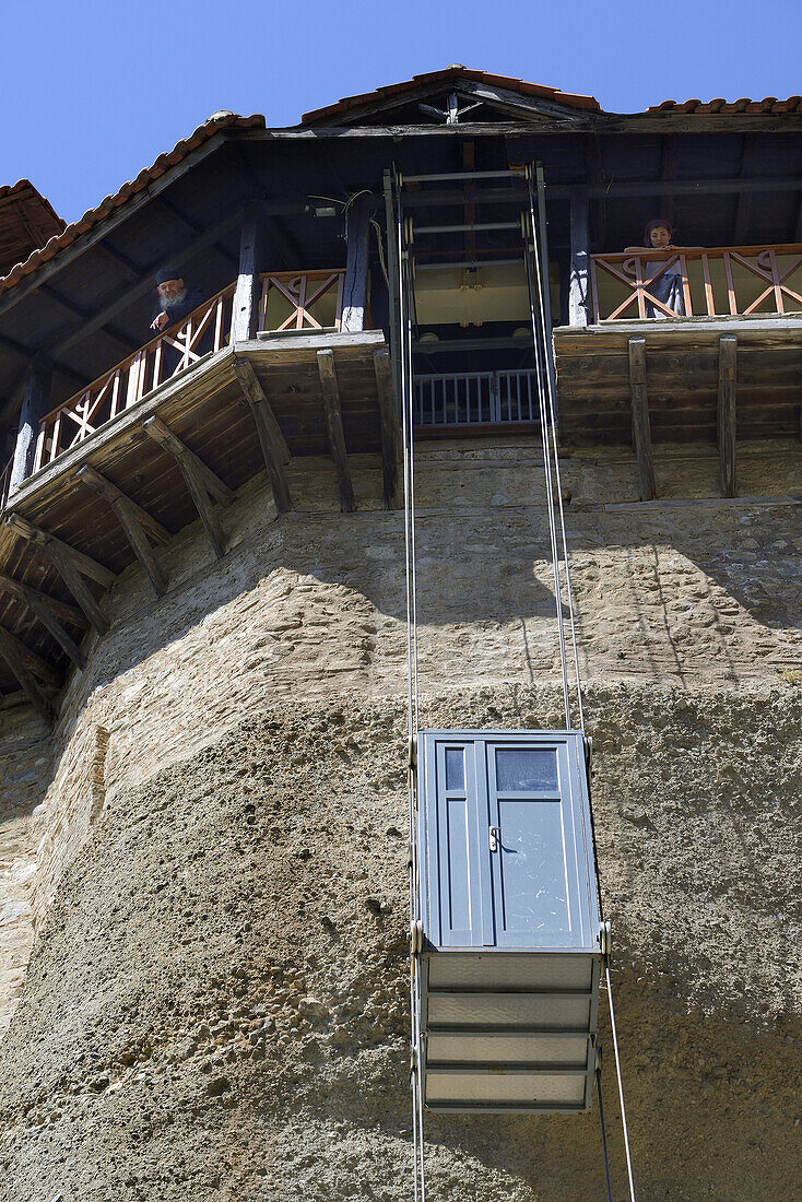 Greece, Thessaly, Meteora, World Heritage Site, Agios Nikolaos Anapafsas (St Nicholas Anapausas) monastery, Elevator.